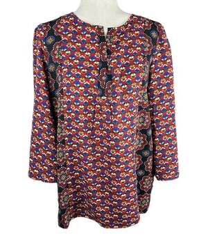 Weekend by Suzanne Betro Red Blouse Pansy Print Flared Sleeves Size L EUC